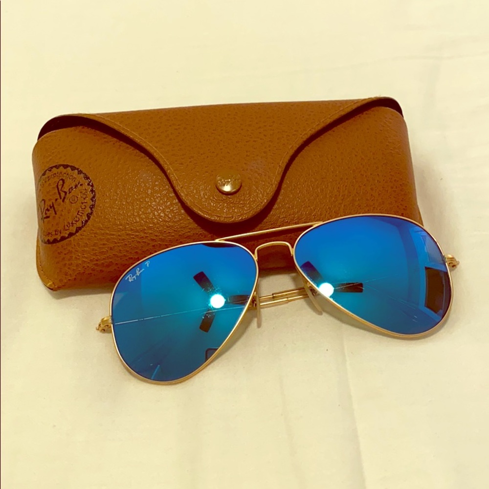 Ray Ban Blue Lens Gold Mirrored Aviator Sunglasses